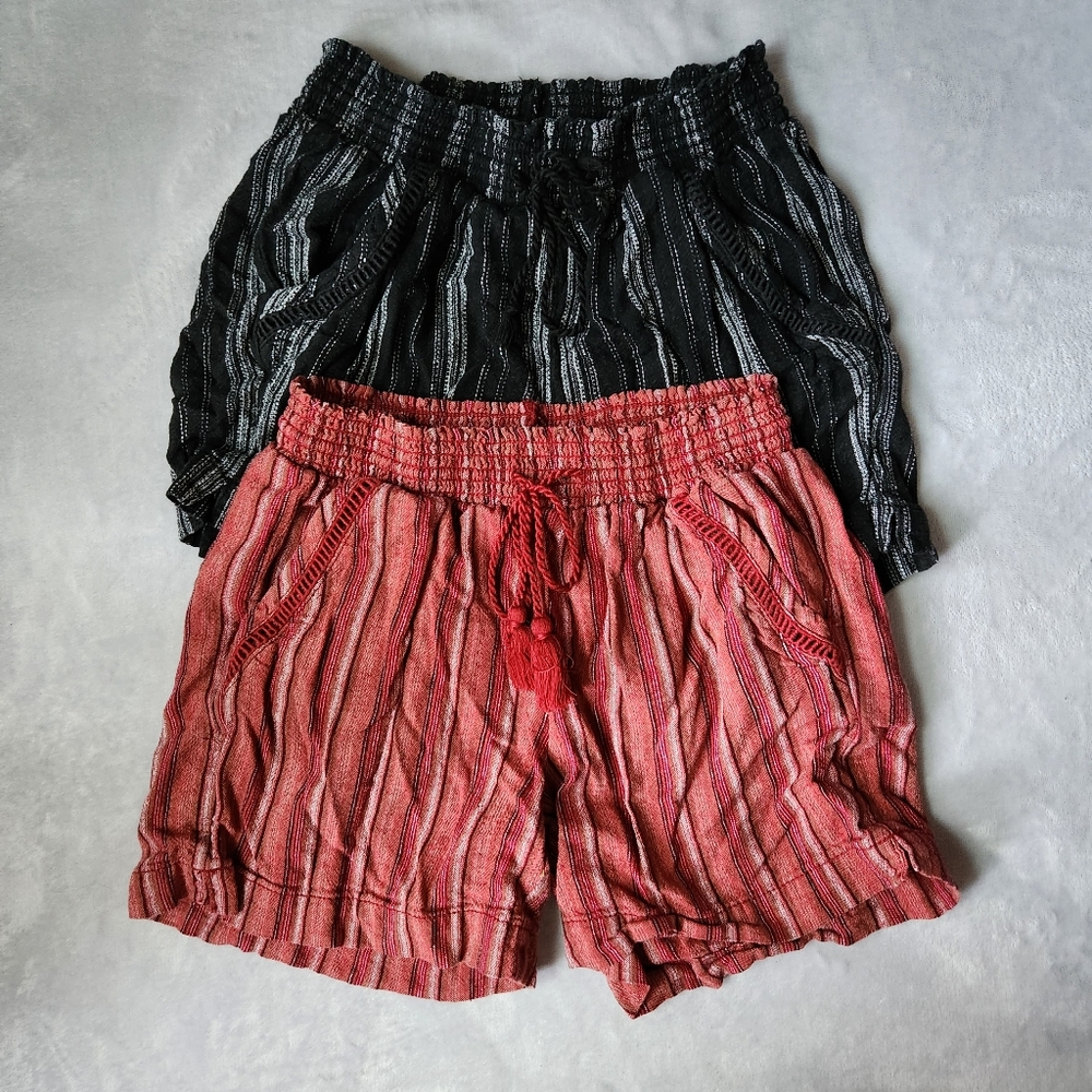 Set of 2 Striped Drawstring Linen Blend Shorts by Briggs, Size XS